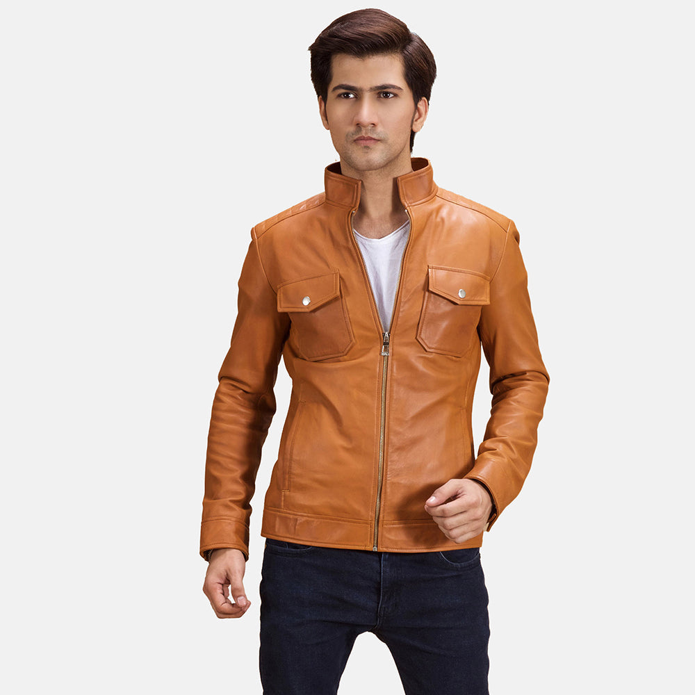 
Voltex Tostado Chaqueta Biker de Cuero para Hombre in Tan Brown Sheepskin Leather - Vista frontal y silueta entallada | Comprar online