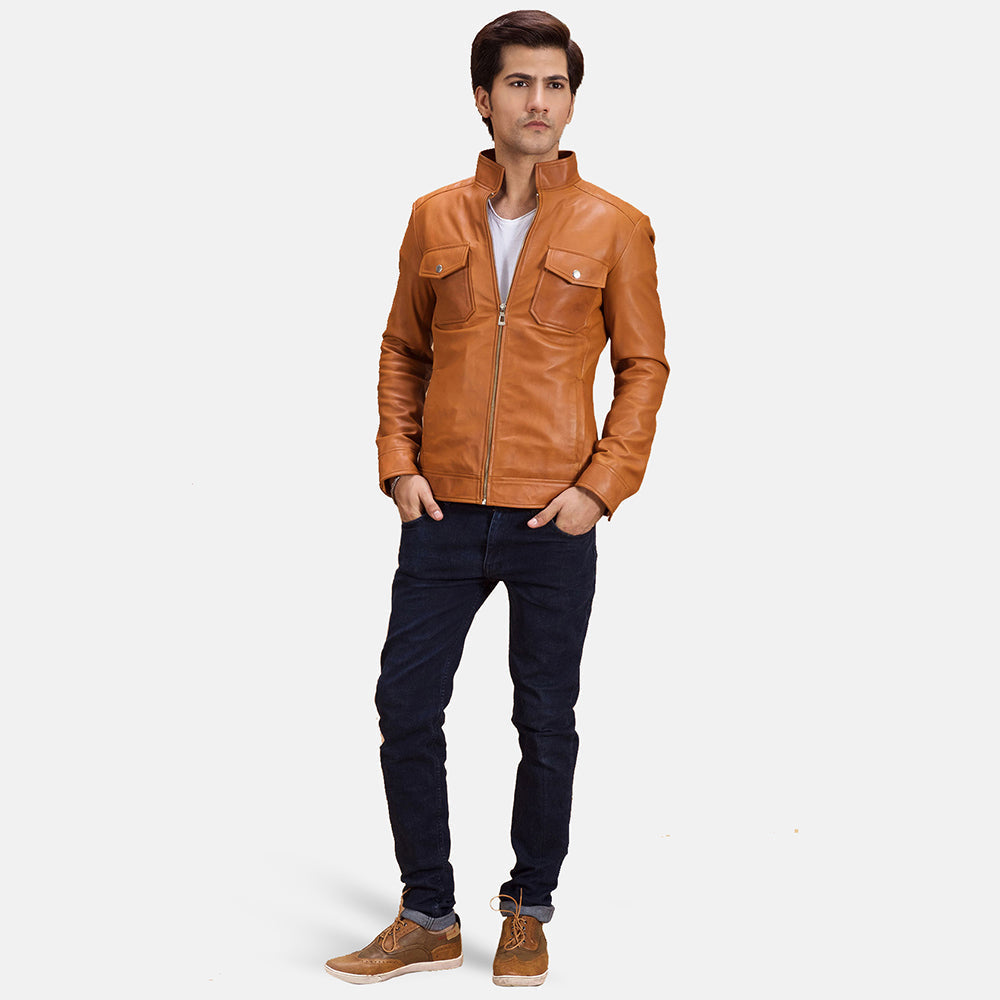
Voltex Tostado Chaqueta Biker de Cuero para Hombre - Vista lateral mostrando el corte ergonómico de mangas