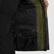 
Black + Green Full-Grain Leather Hooded Jacket - Vista posterior con hombros definidos y bajo impecable