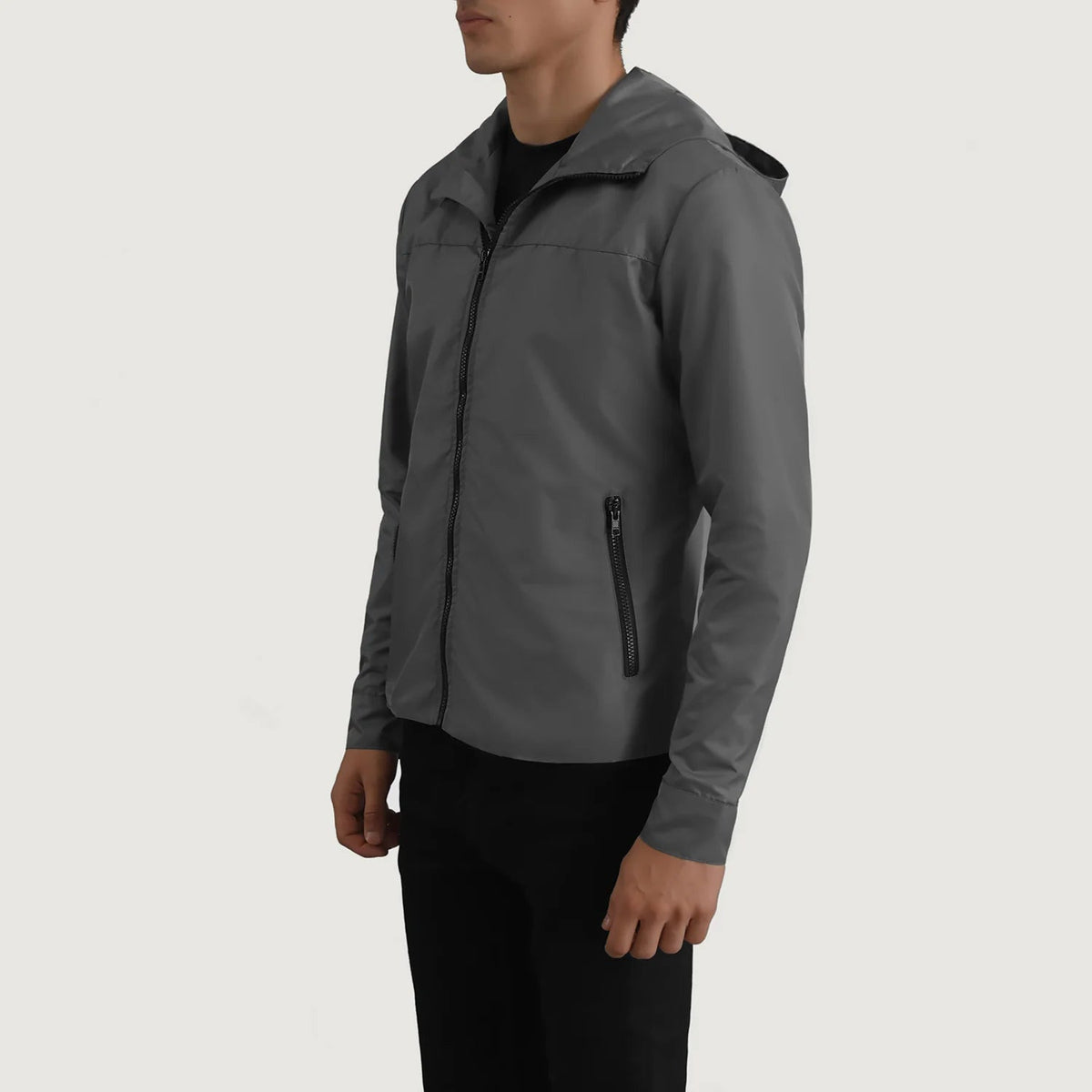 
Grey Full-Grain Leather Hooded Jacket - Vista posterior con hombros definidos y bajo impecable