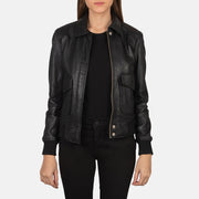 Women's Westa A-2 Black Leather Bomber Jacket in Black Sheepskin Leather - Vista frontal y silueta a medida | Comprar online