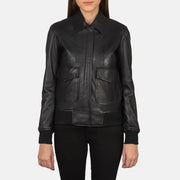 Detalle de cerca of Shirt &amp; Zipper with Button Flap Hardware on Women's Westa A-2 Black Leather Bomber Jacket