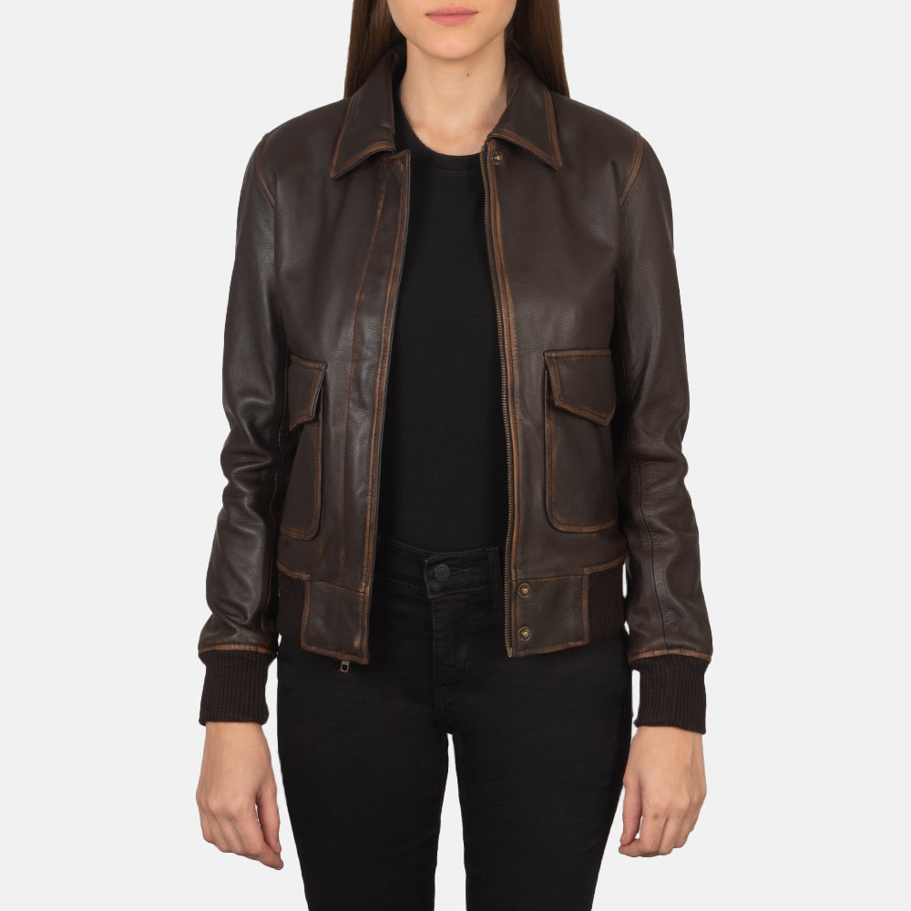 Rib knit &amp; Hem Craftsmanship Construction Detail on Women's Westa A-2 Black Leather Bomber Jacket