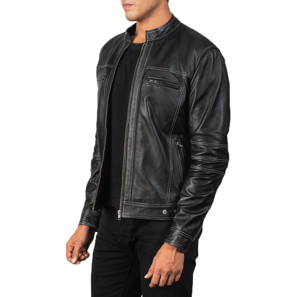 Black Goatskin Snuffed Biker Jacket - Vista trasera con ajuste entallado en hombros y bajo impecable