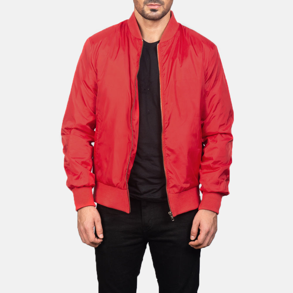 Men's Zack Rojo Cazadora Bomber de Cuero para Hombre in Red Nylon - Vista frontal y silueta a medida | Comprar online