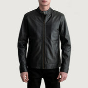 Zen Negro Chaqueta Biker de Cuero para Hombre in Black Sheepskin Leather - Vista frontal y silueta a medida | Comprar online