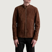 Zen Marrón Suede Chaqueta Biker de Cuero para Hombre - Vista de perfil lateral con corte ergonómico de manga