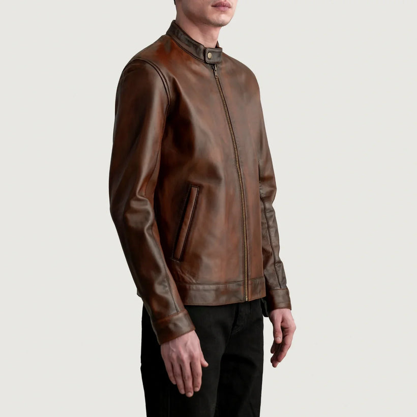 Zen Efecto Envejecido Marrón Chaqueta Biker de Cuero para Hombre