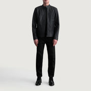 Detalle de cerca of Snap Button &amp; Zipper Hardware on Zen Matte Negro Chaqueta Biker de Cuero para Hombre