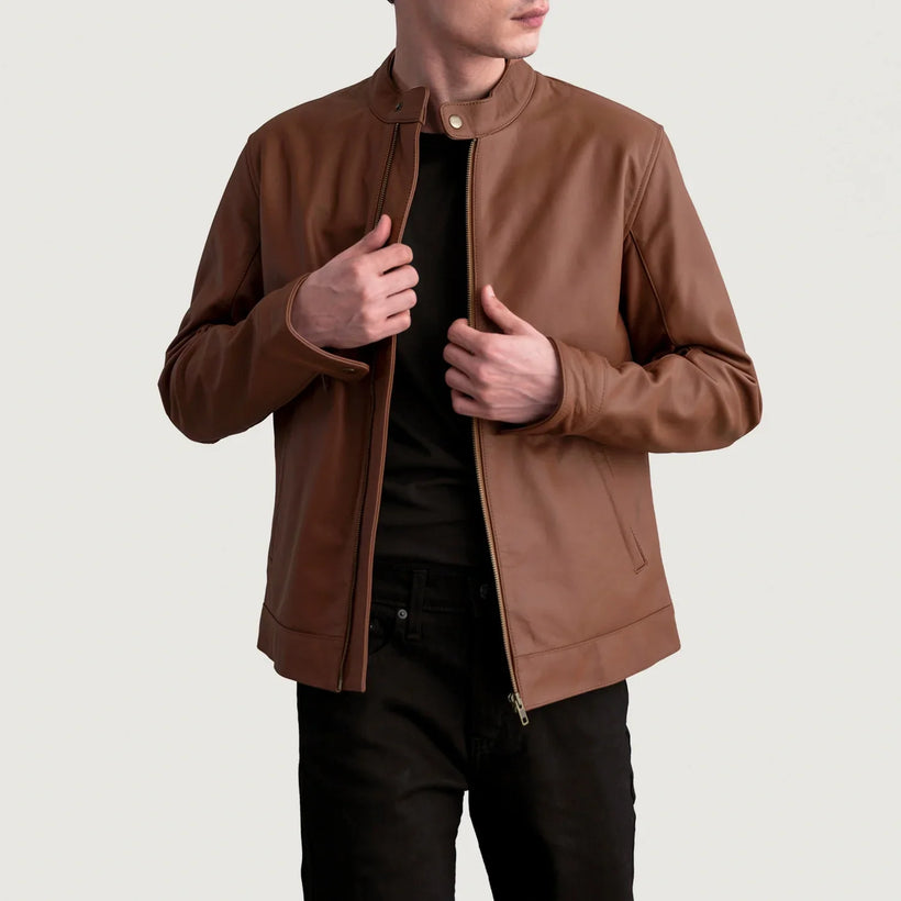 Zen Matte Marrón Chaqueta Biker de Cuero para Hombre