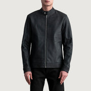 Zen Tumbled Negro Chaqueta Biker de Cuero para Hombre in Tumbled Black Sheepskin Leather - Vista frontal y silueta a medida | Comprar online