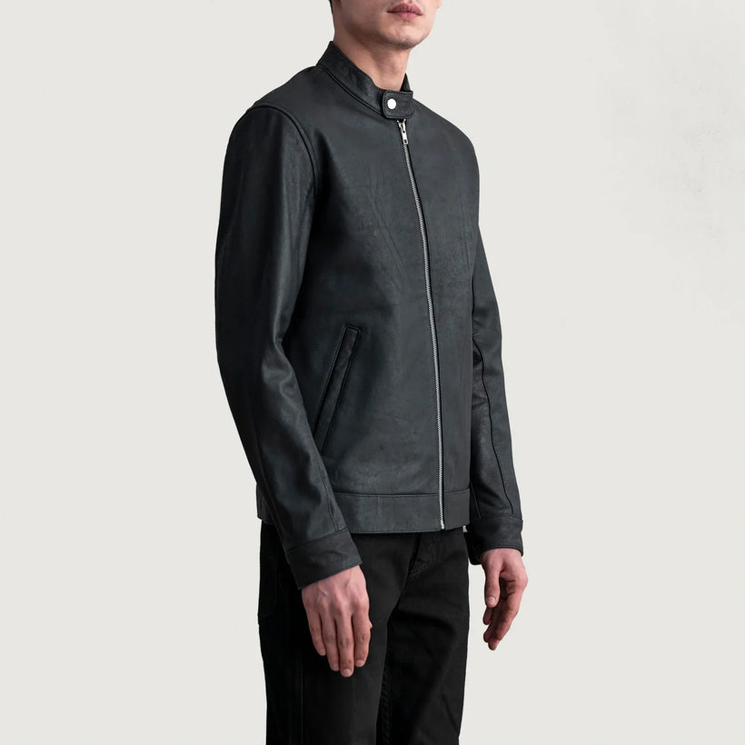 Zen Tumbled Negro Chaqueta Biker de Cuero para Hombre