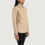 
Beige Sheepskin Leather Biker Jacket - Vista posterior con hombros definidos y bajo impecable