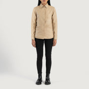 
Zenith Beige Leather Shirt Jacket - Vista lateral mostrando el corte ergonómico de mangas